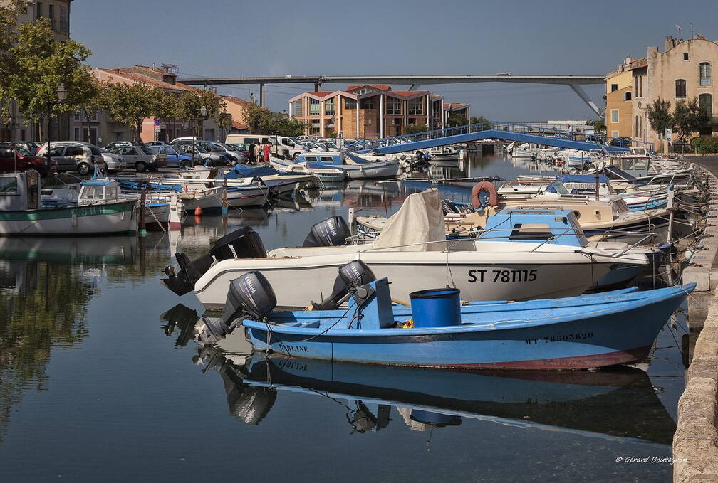   - Le port dans l'île, le pont bleu en forme d' accent circonflexe pour les piétons. Au fond le viaduc de Martigues. | GBopassions Photos